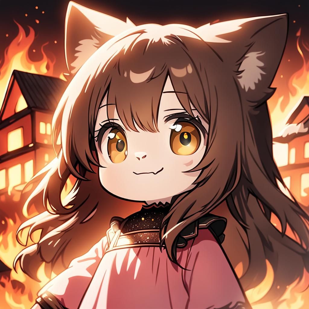 Adorable Chibi Catgirl in Burning House, Dynamic Lighting