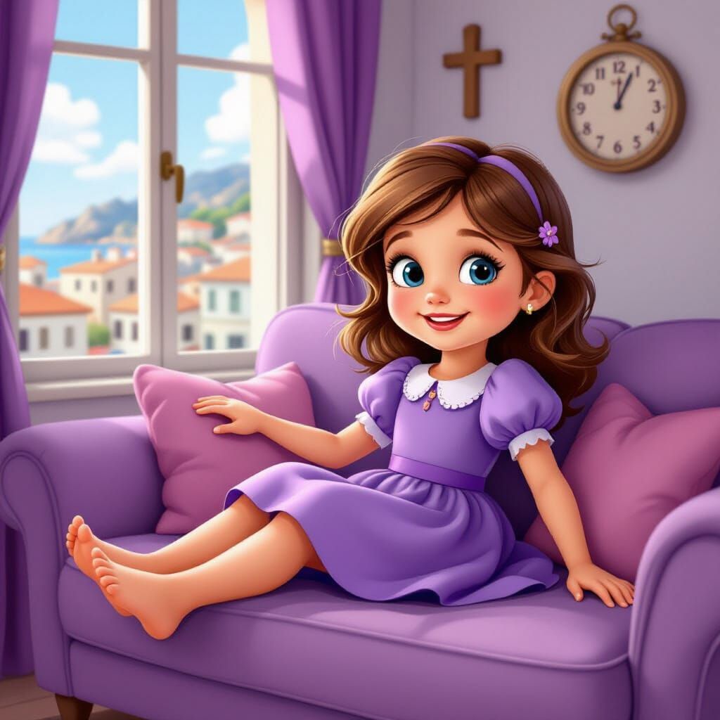 Italian Cartoon Girl on Couch in Vibrant Animation Style