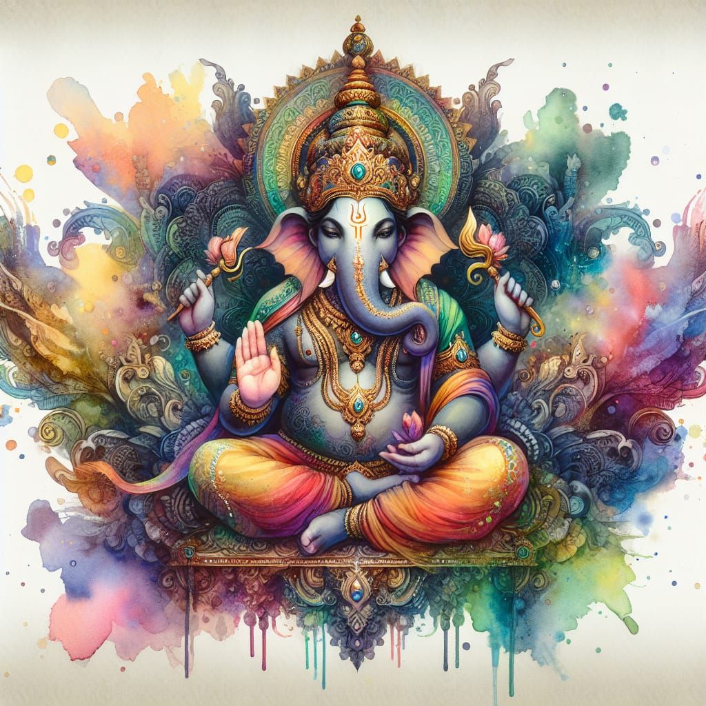 Watercolor Lord Ganesh in Matte Fantasy Style