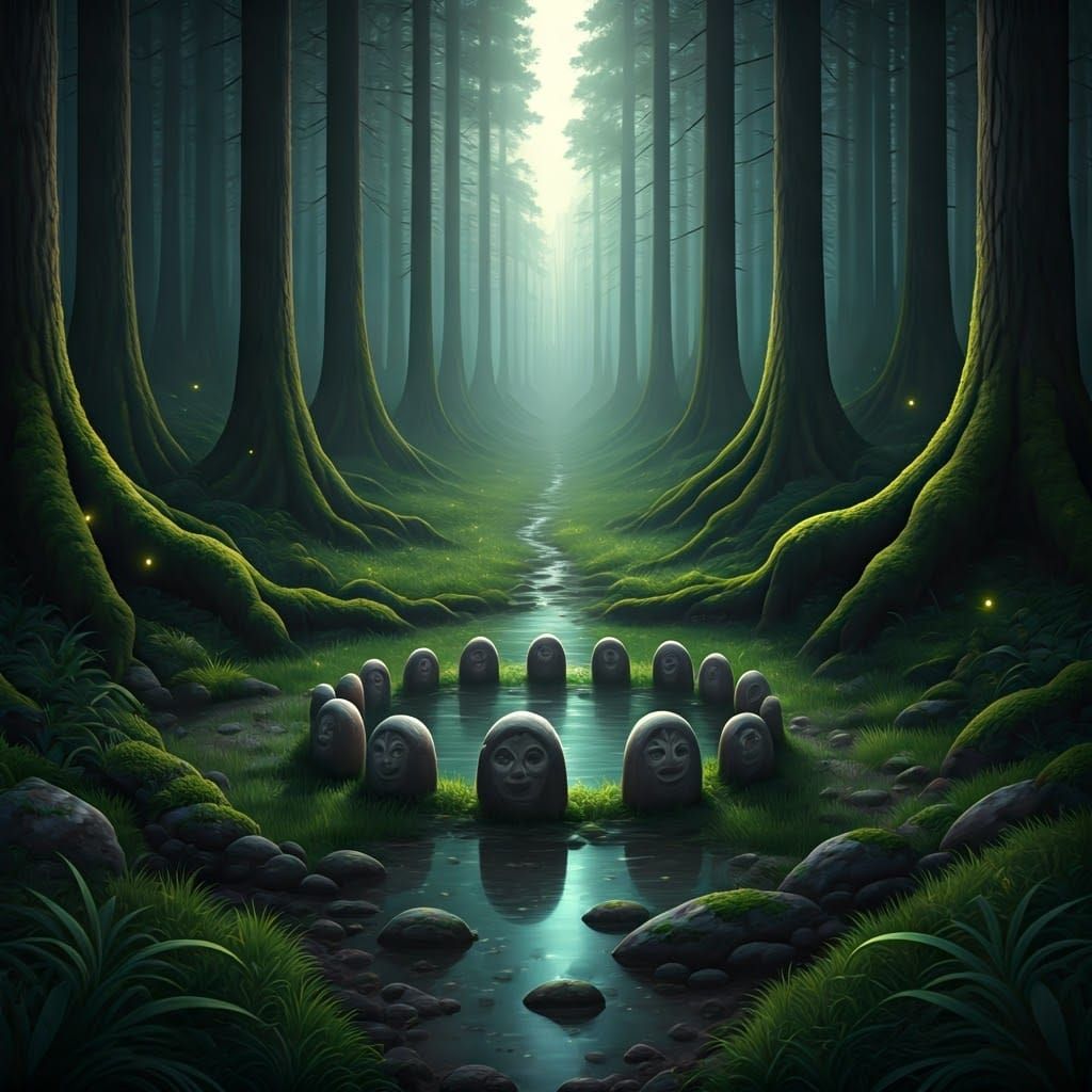 Eerie Forest Clearing at Dusk in Oil Painting Style