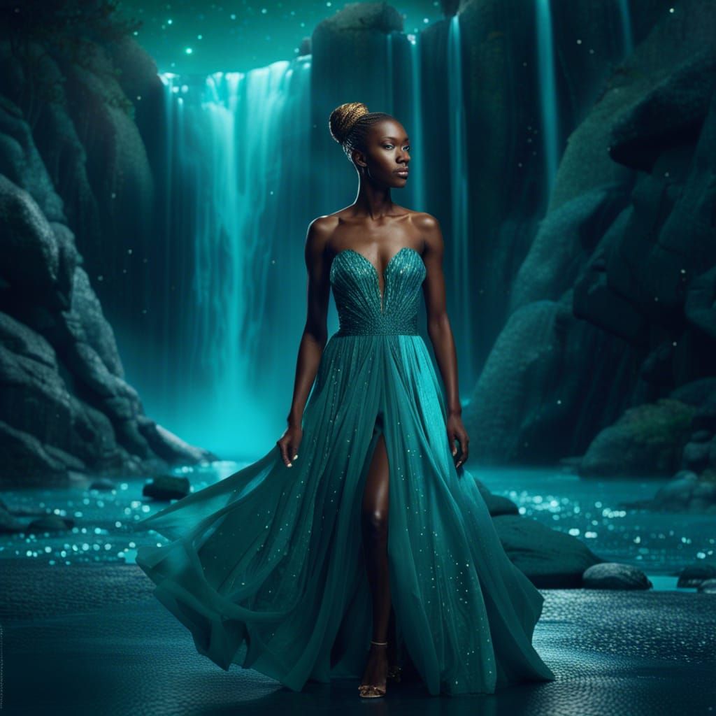 African Model in Teal Dress by Waterfall Runway