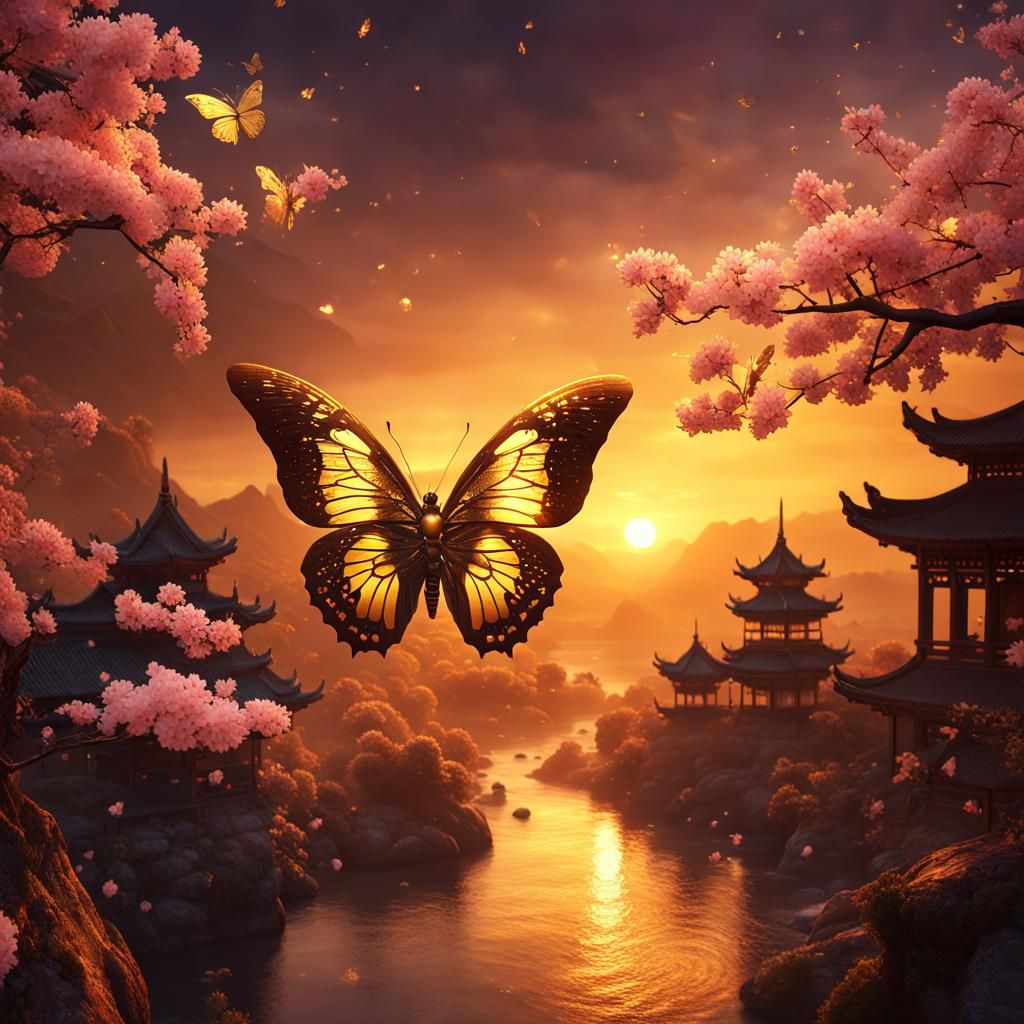 Golden Butterfly in Mythical Chinese Sunset Landscape