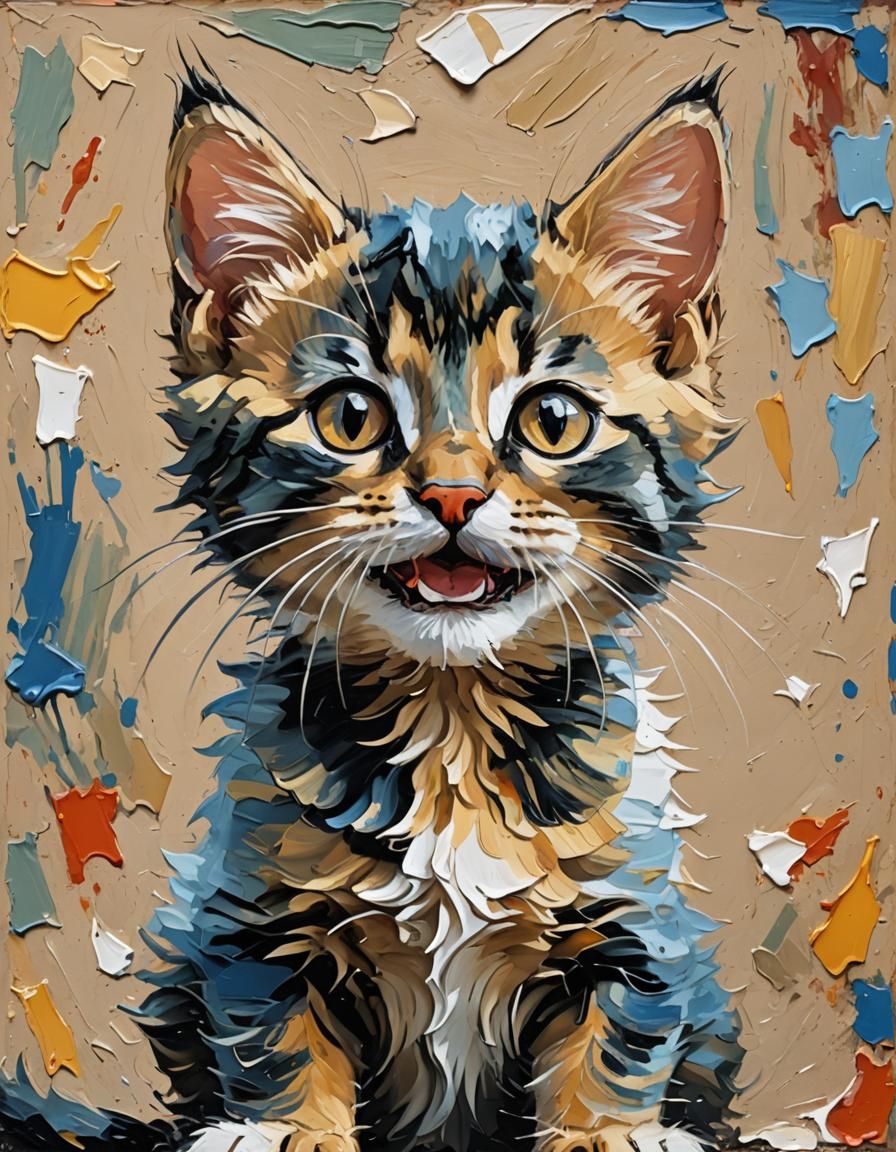 Smiling Kitten Portrait in Impasto Oil Painting Style
