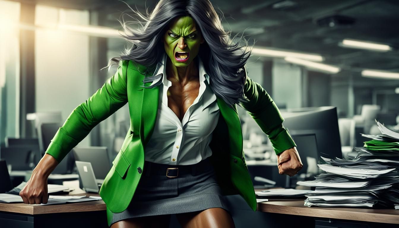 She-Hulk's Office Rampage: A Photorealistic Render