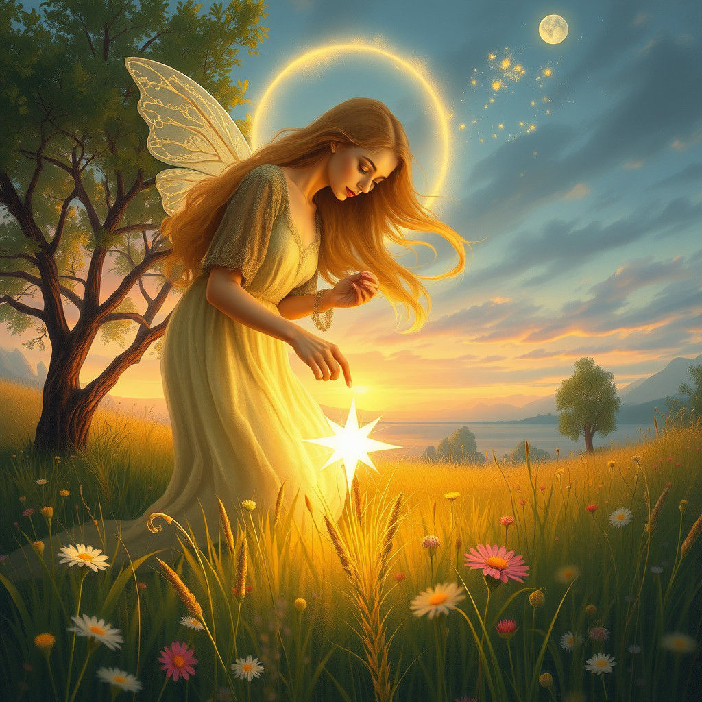 Ethereal Woman Places Fallen Star in Meadow