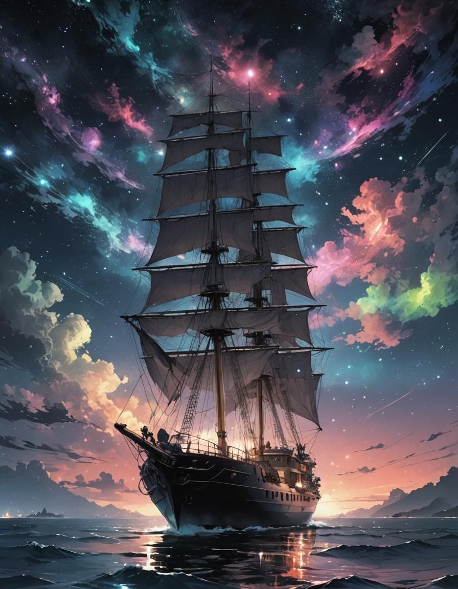 Neon Sailboat at Midnight: Manga Style Digital Art
