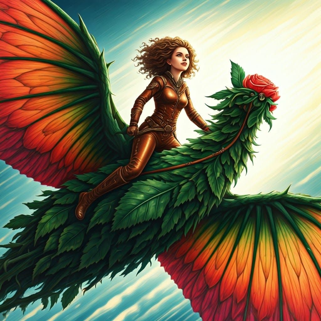 Adventurer Maiden on Flying Rose Dragon in Biopunk Art