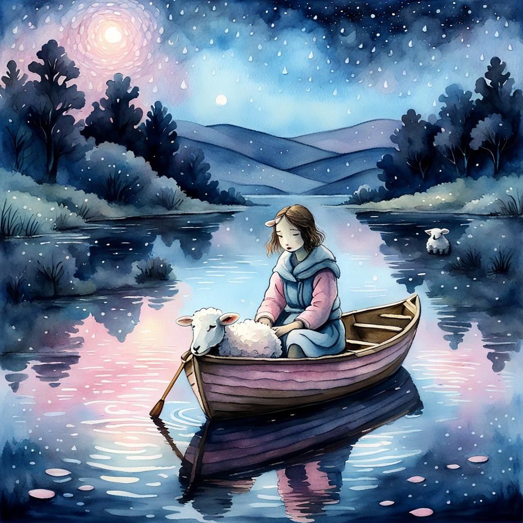 Girl in Boat at Night: Whimsical Watercolour Scene