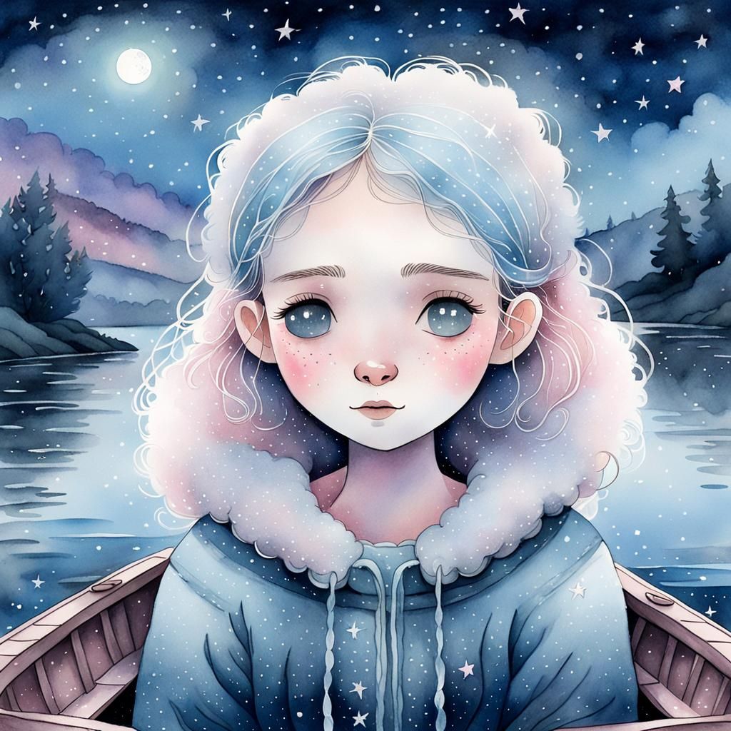 Girl Adrift at Night: A Watercolour Illustration