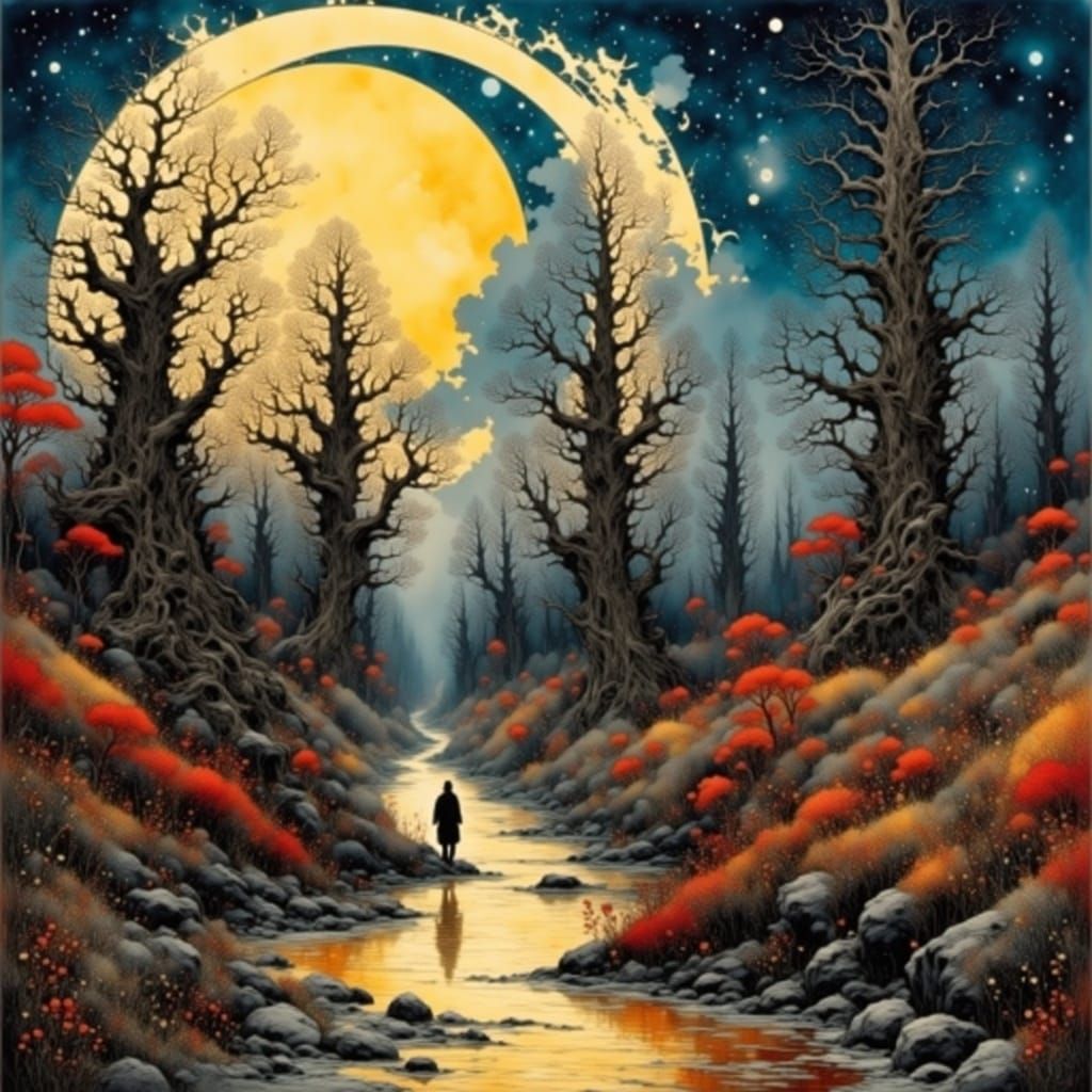 Mystical Moonlit Forest in Dreamy Symbolism Style