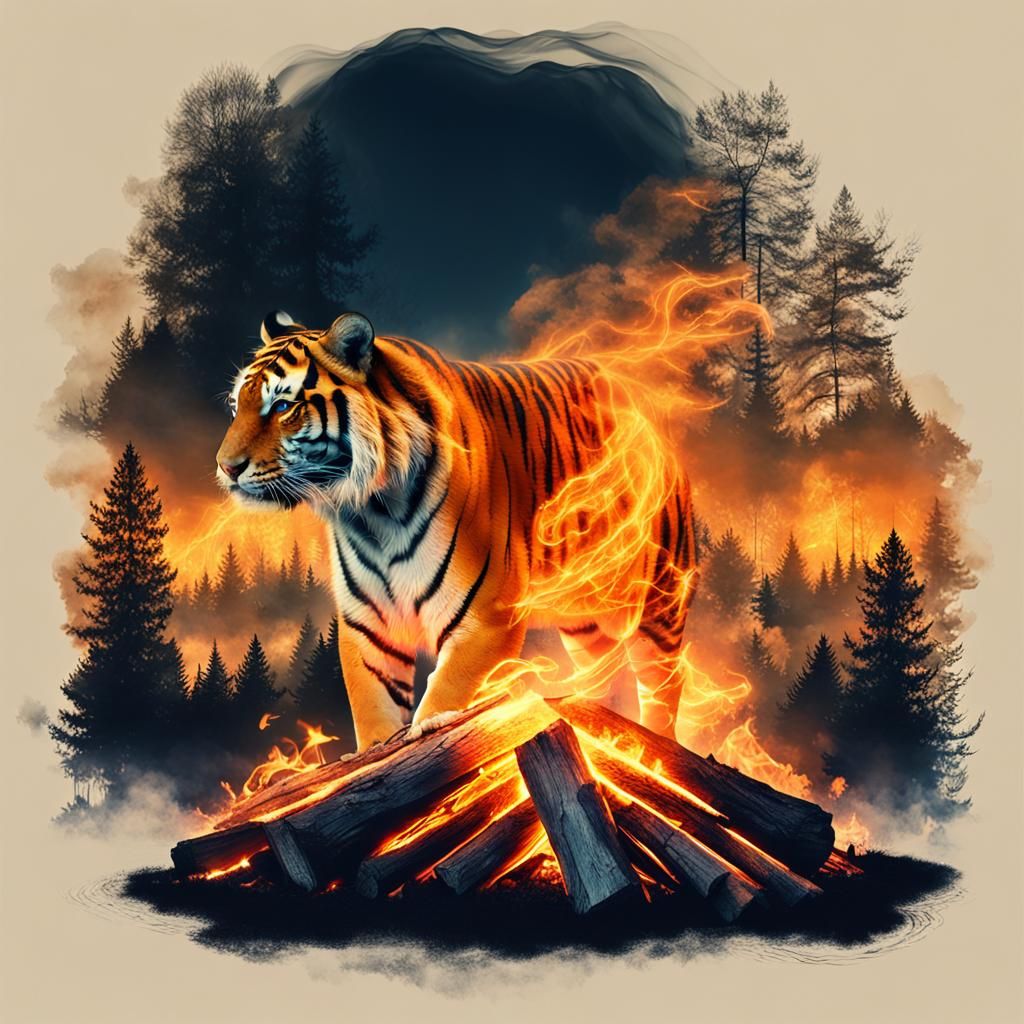 Fiery Tiger Double Exposure: Magical Campfire Art