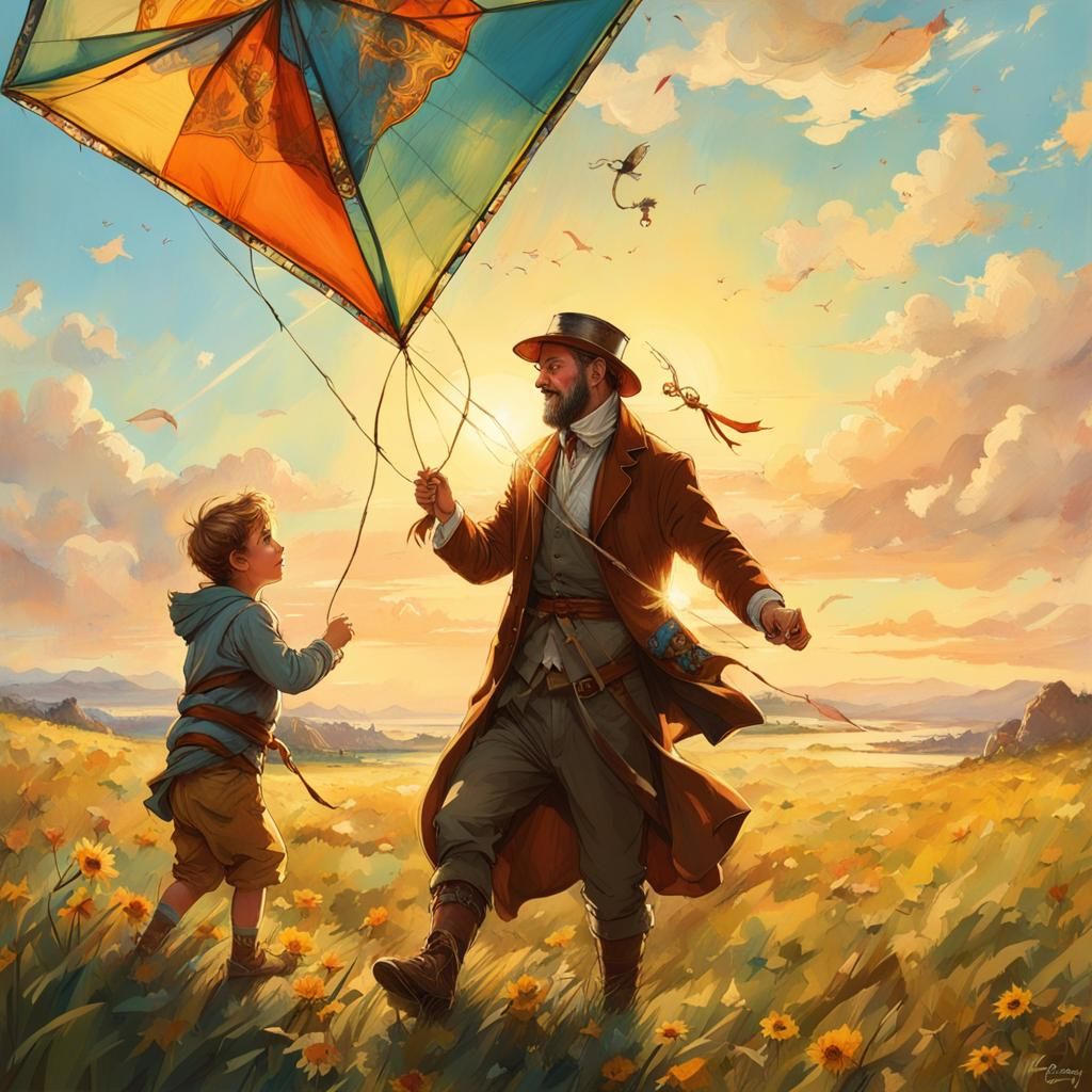 Father and Son Kite Scene: Digital Illustration