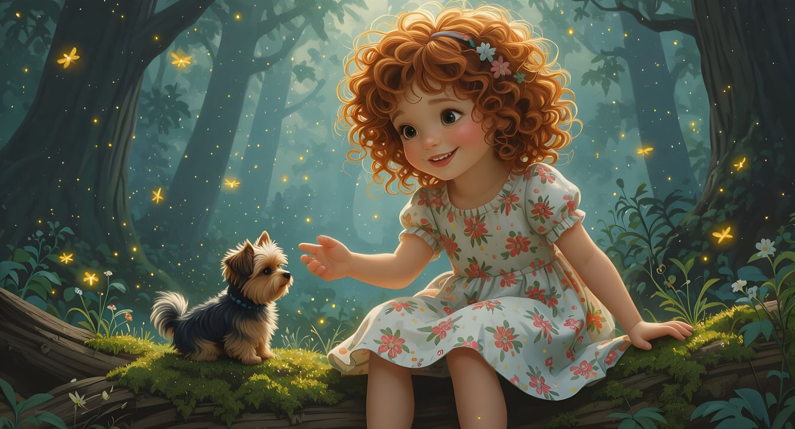 Whimsical Girl Reaching for Puppy in Magical Forest