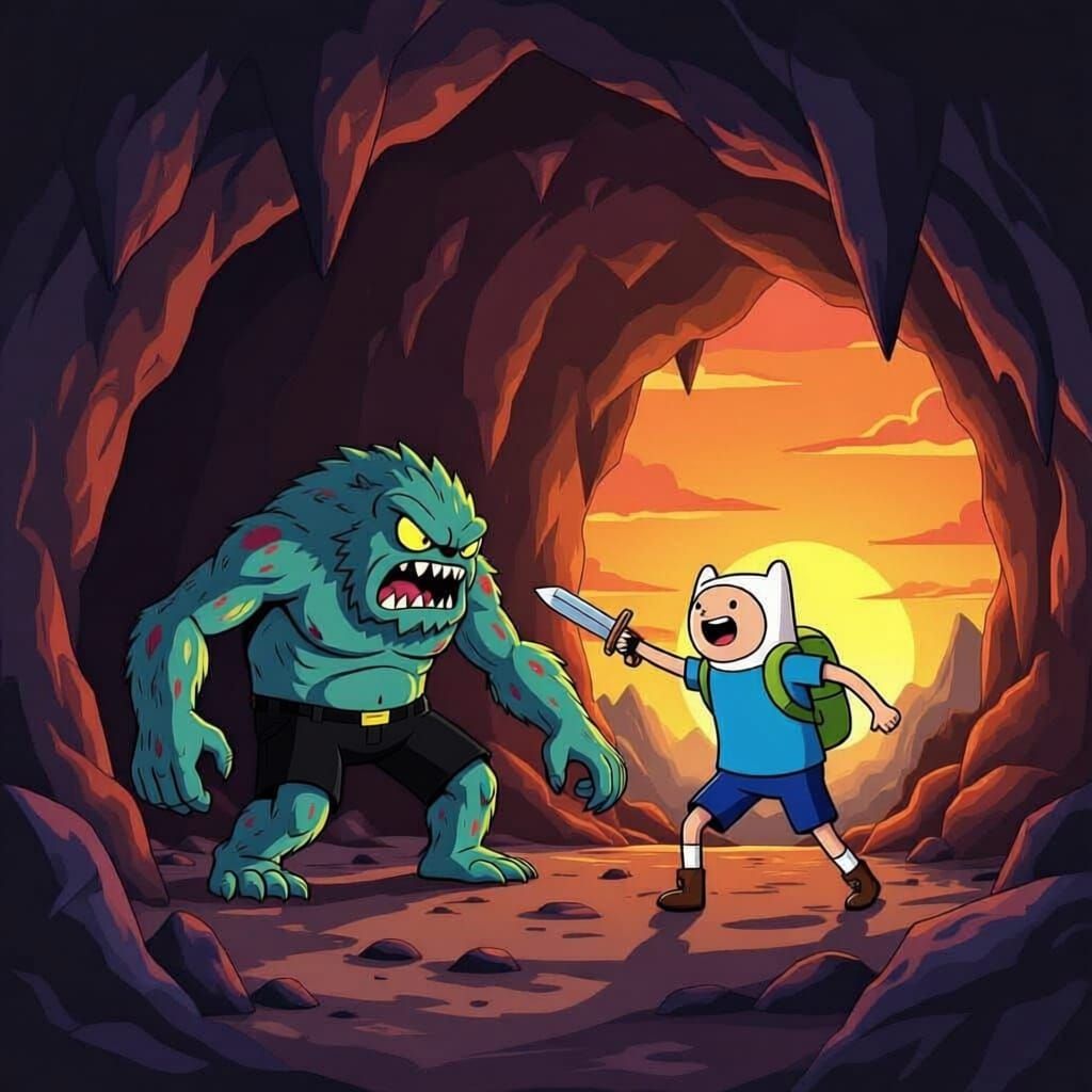 Finn the Human Battles Monster in Cave at Sunset