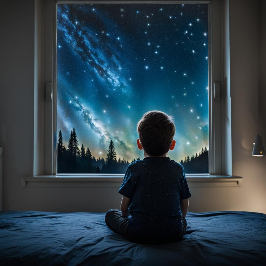 Boy Reaches for the Stars from Bedside Window