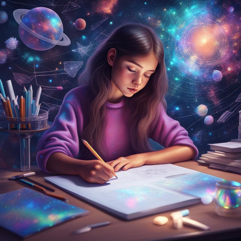 Girl Studying: Holographic Cosmic Illustration