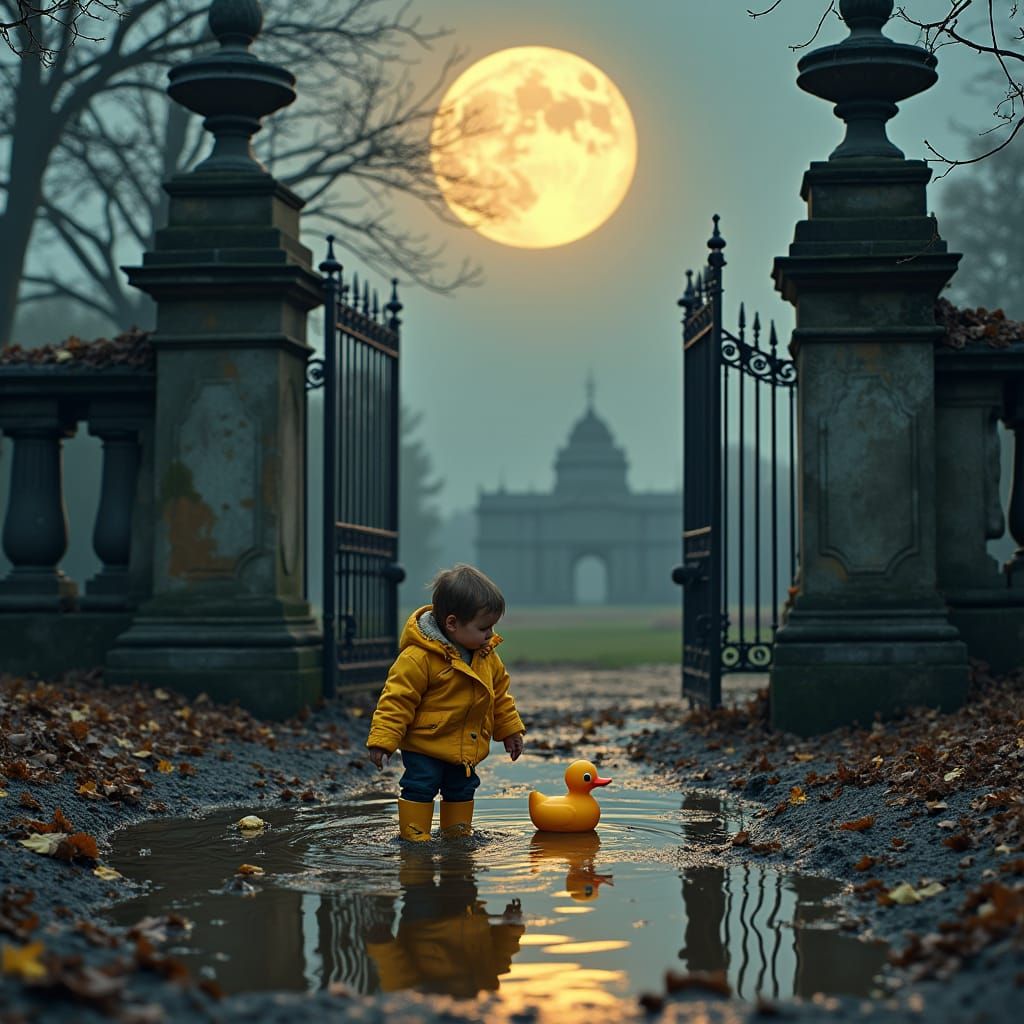 Child and Duckling in Cemetery, Maximalist Style