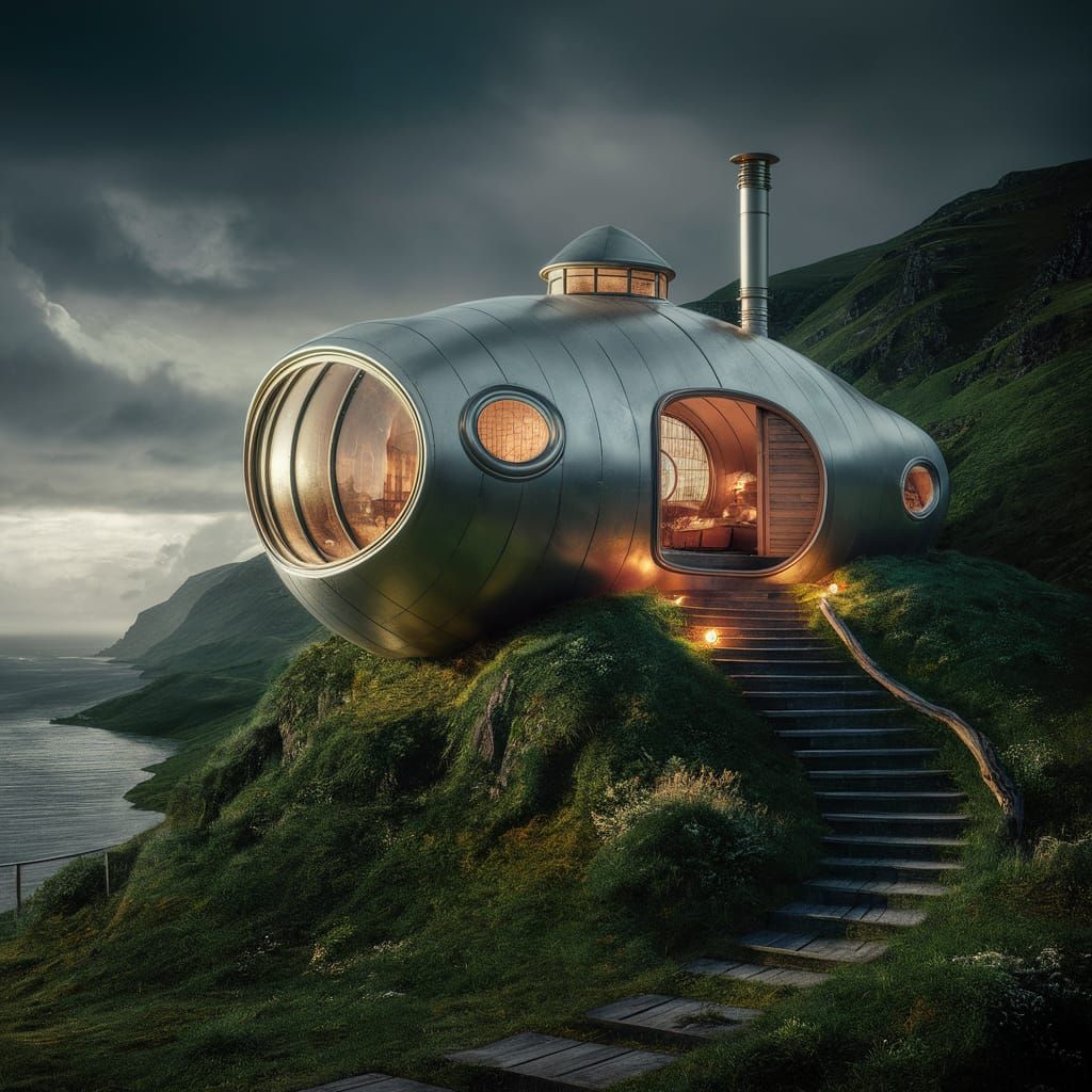 Futuristic Silver Structure in Dark Fantasy Landscape