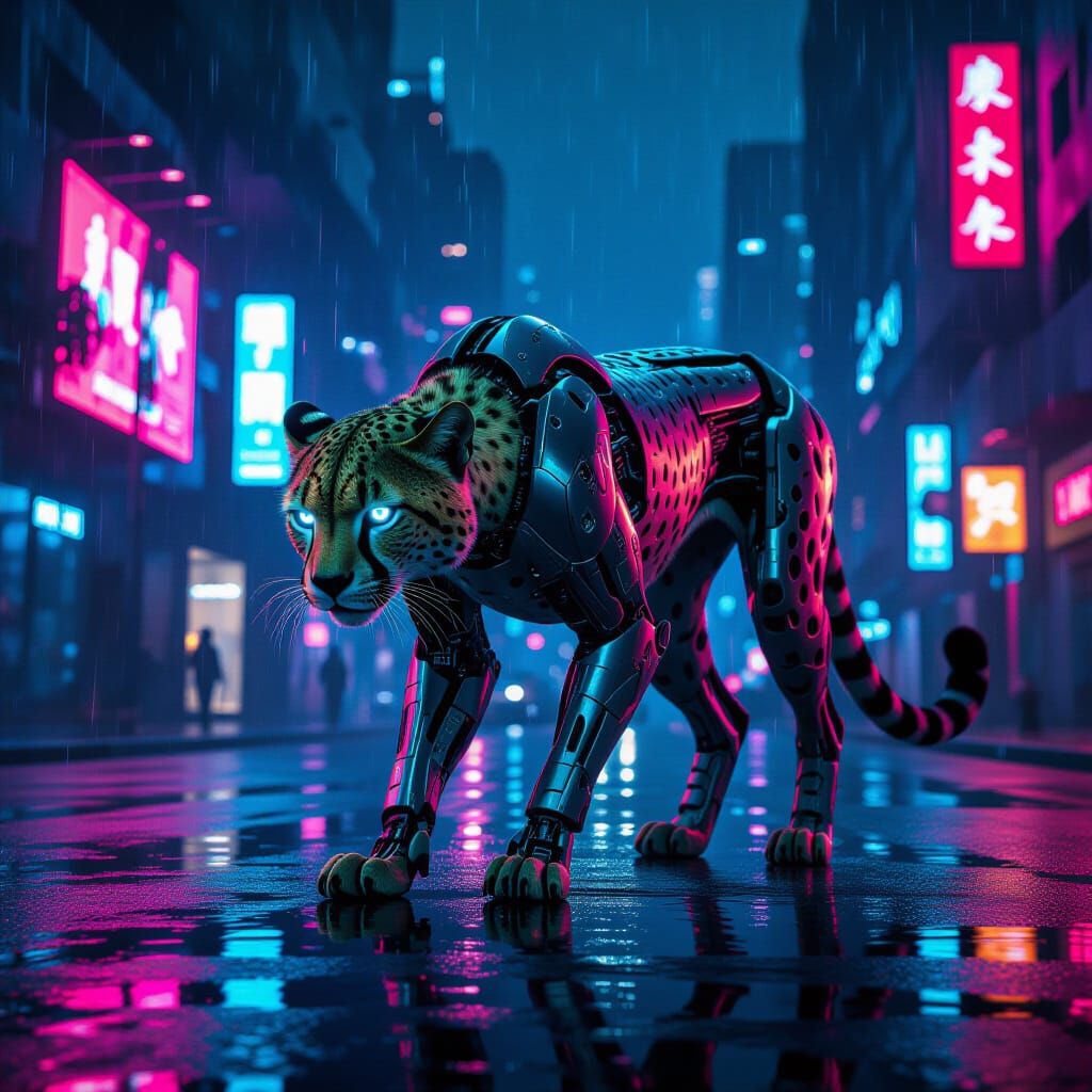 Cybernetic Cheetah in Neon Cityscape