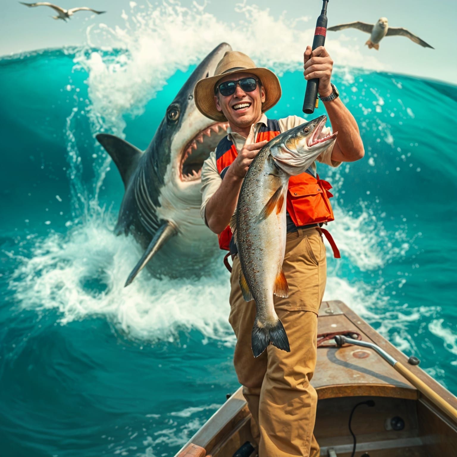 Humorous Shark Photobomb: Fisherman's Surprise Catch