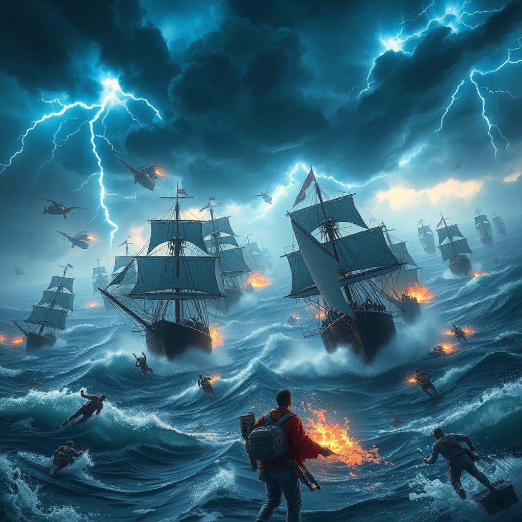 Epic Naval Battle Amidst Turbulent Seas in Dark, Stormy Weat...