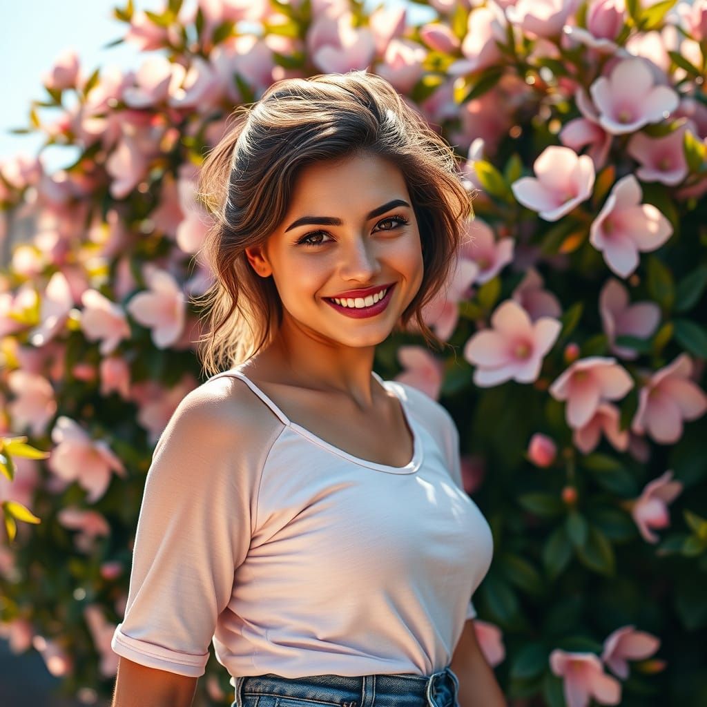 Sunny European Woman Amidst Vibrant Camelia Bush