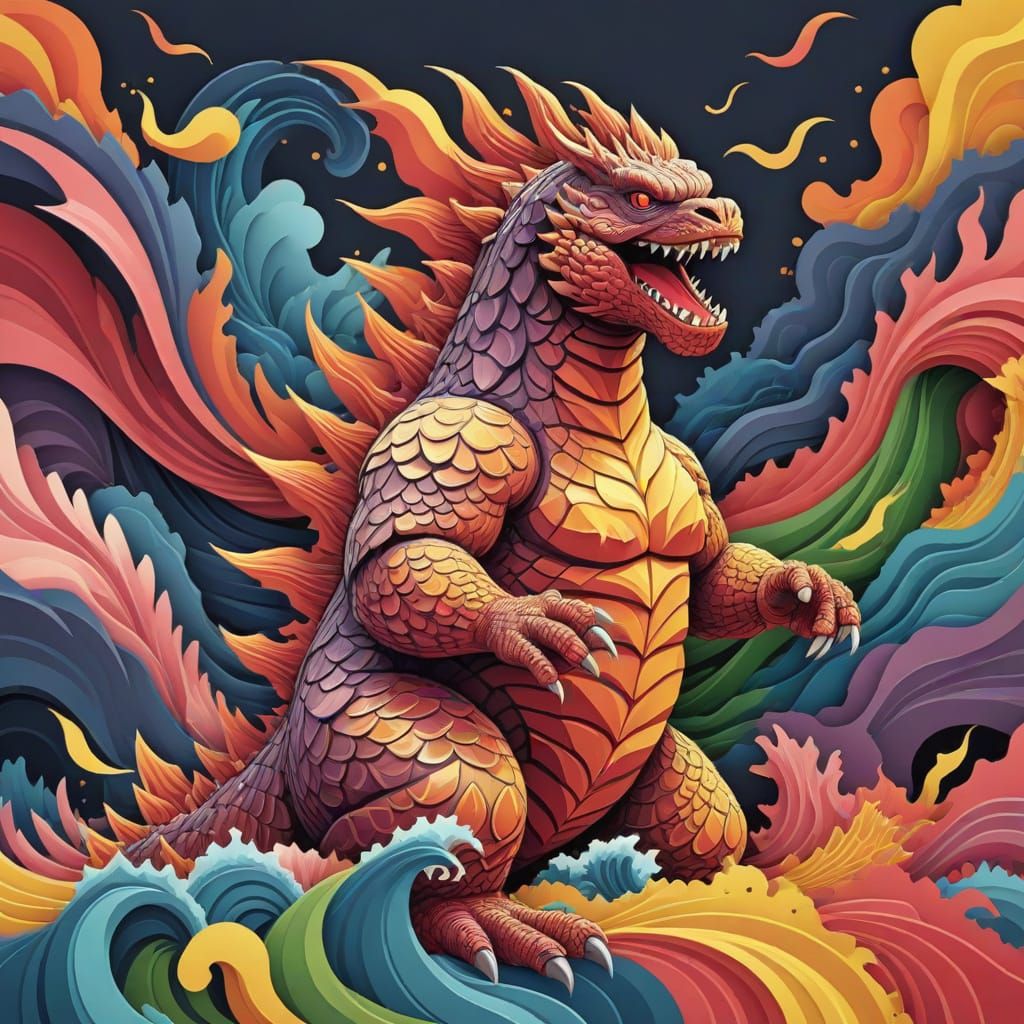 Abstract Godzilla Fractal in Gouache Style