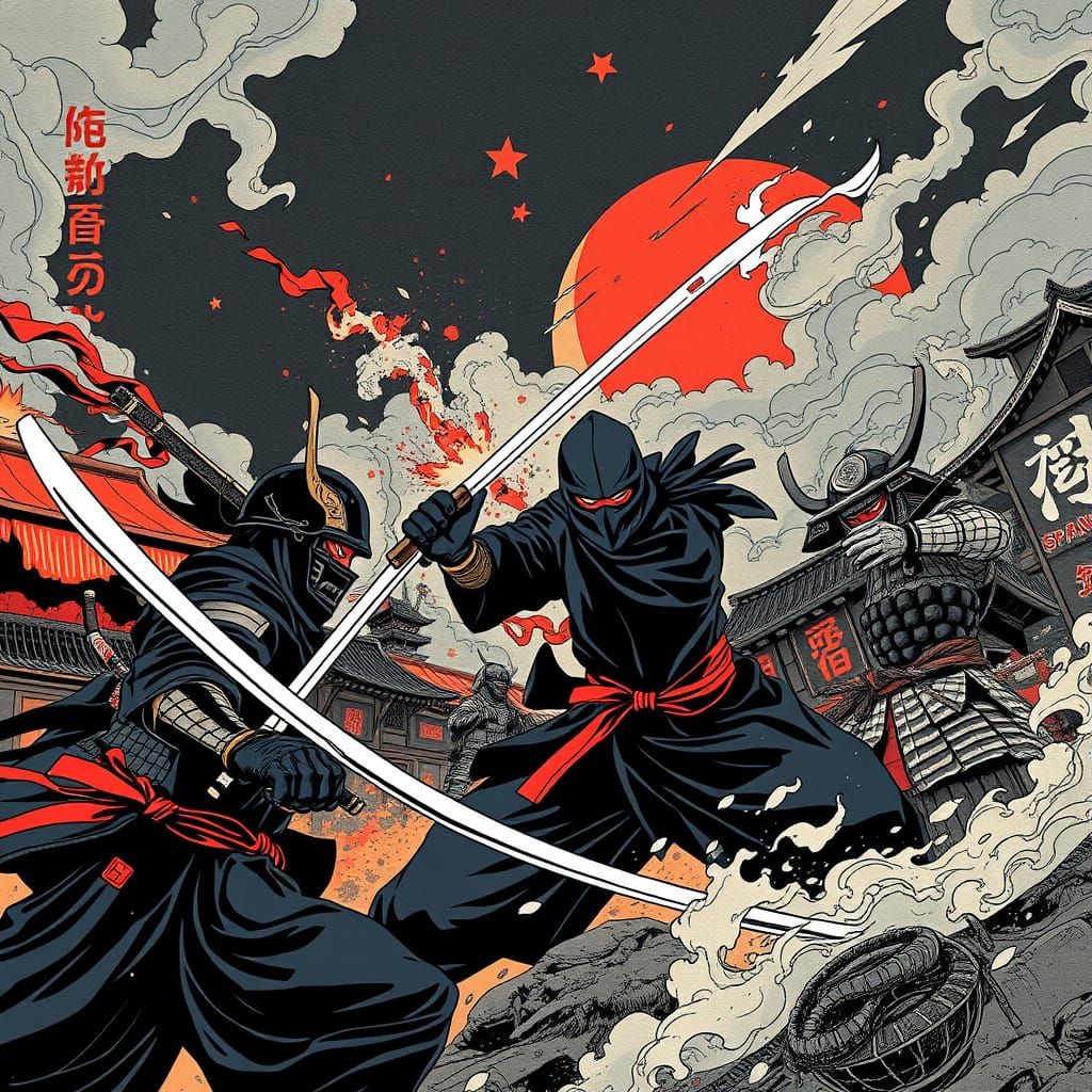 Ninja vs Samurai Battle in All-Over Print Style