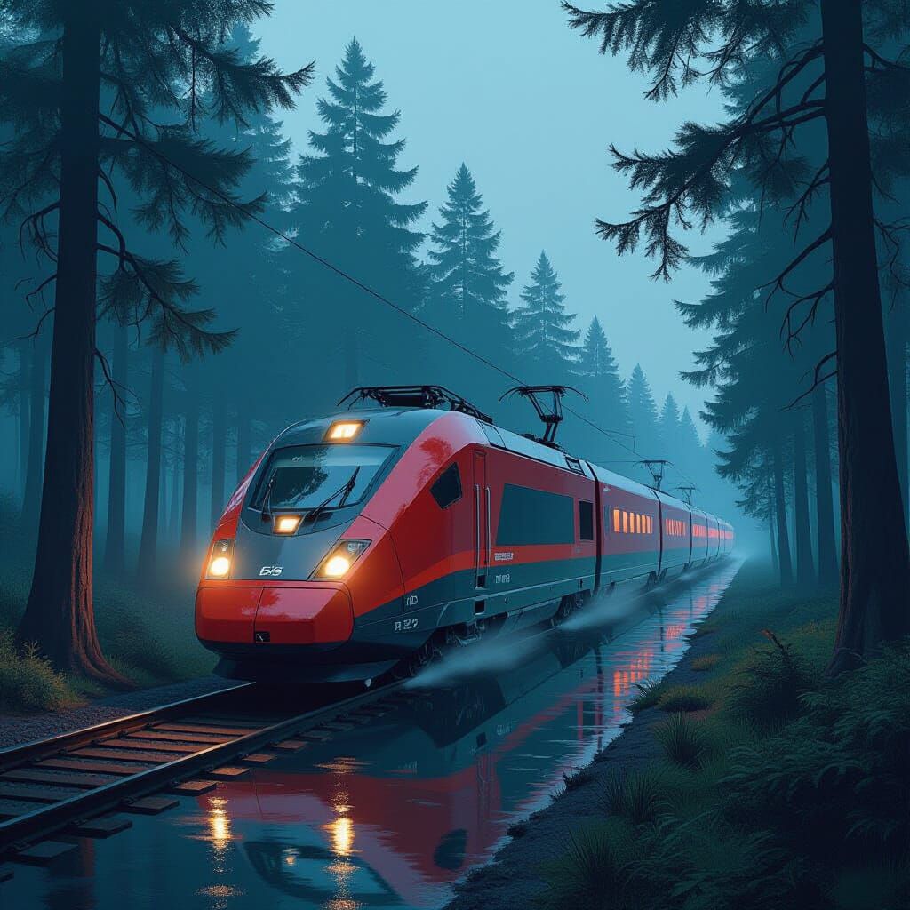 Cyberpunk Bullet Train Through Black Forest