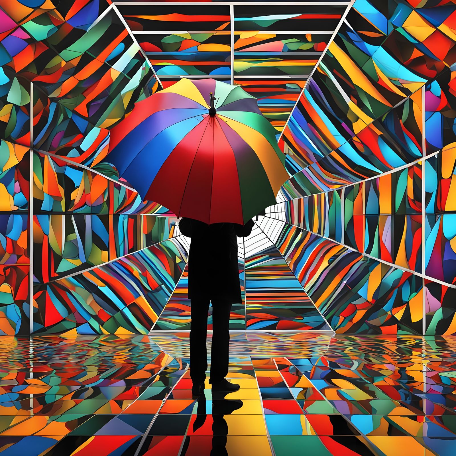 Hyperrealistic Umbrella Art in Triadic Colors