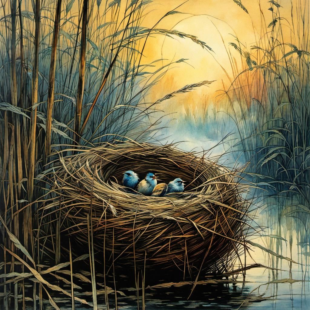 Bird in Reeds at Sunset: Fantasy Art