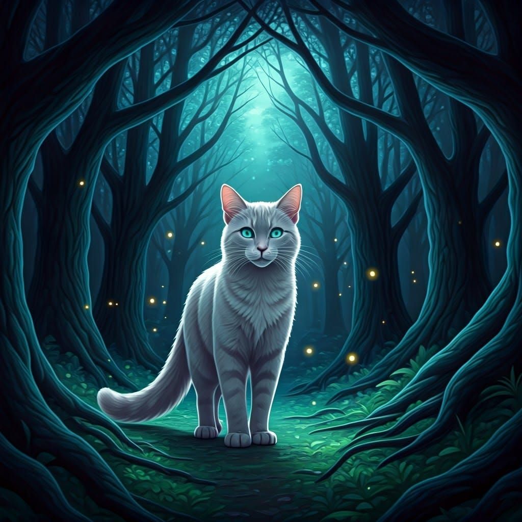 Mystical She-Cat in a Starry Moonlit Forest