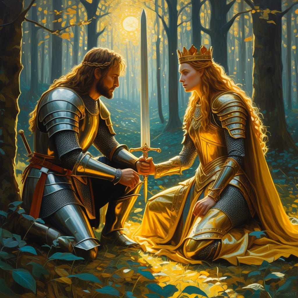 Siegfried in Silver Armor Before Queen Brunhilde in a Mystic...