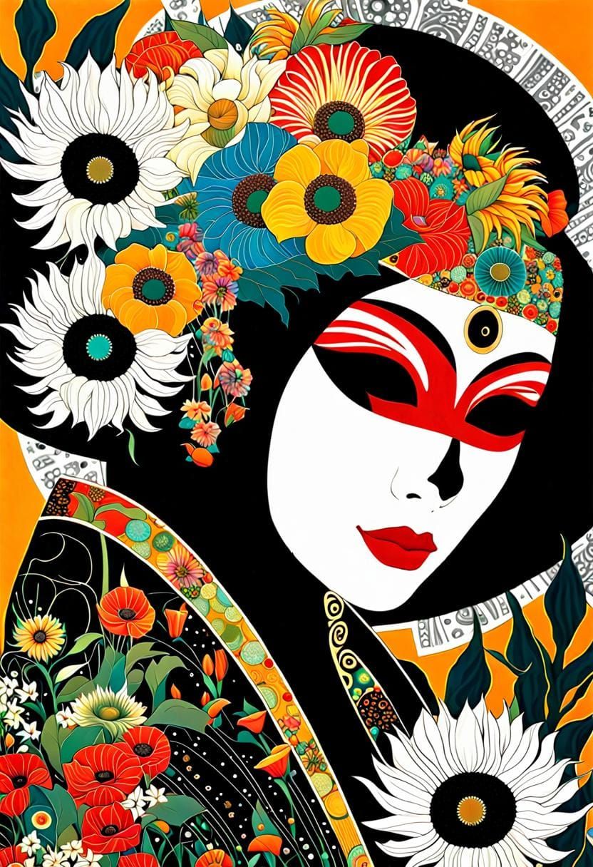 Shogun Icon with Masks in Iridescent Collage Style