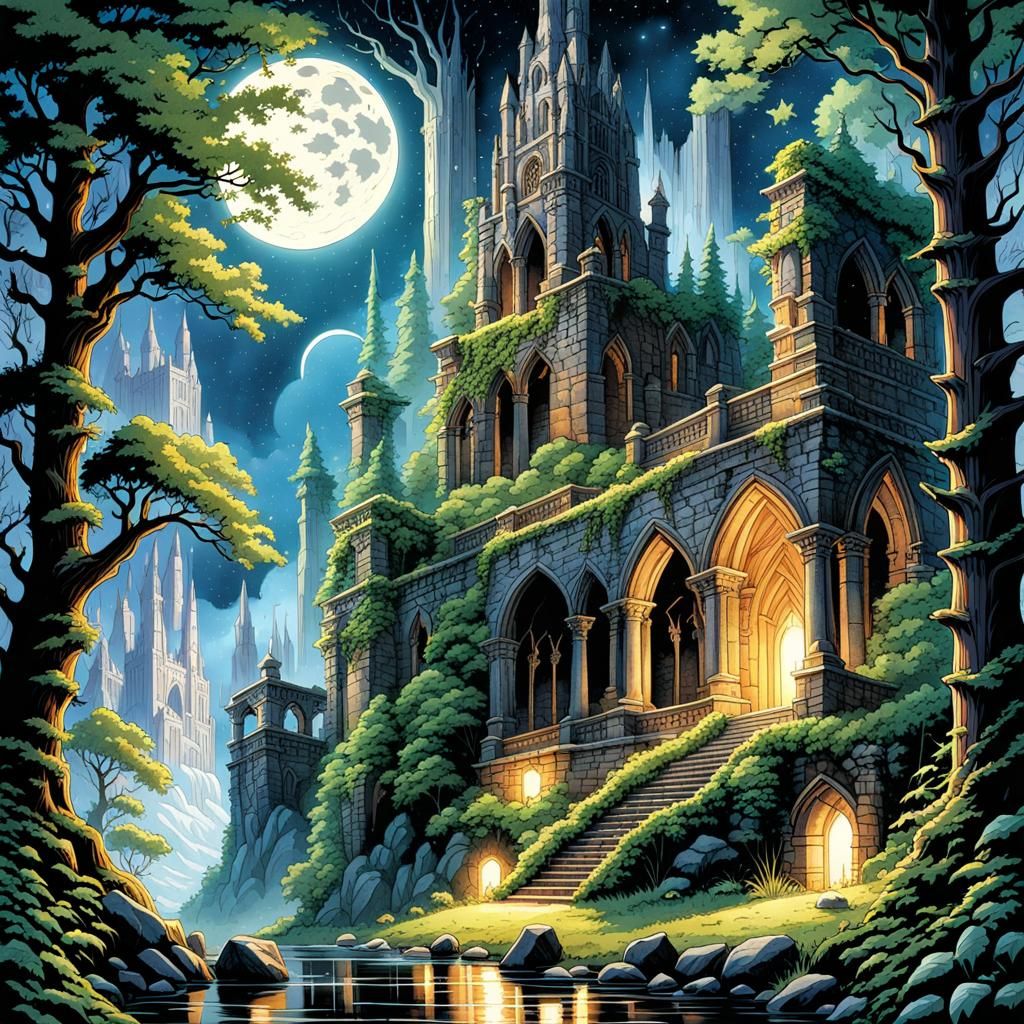 Gothic Stone Ruins in Watercolor Forest