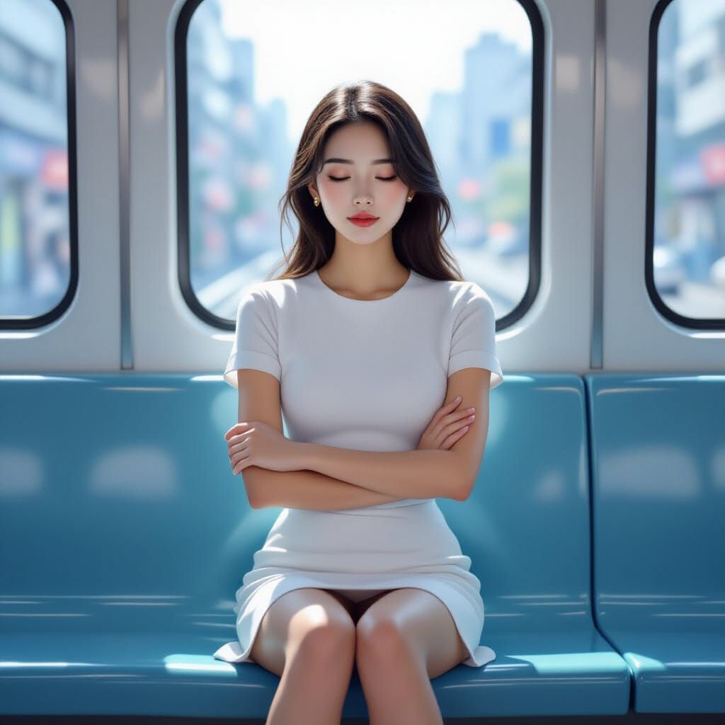 Serene Korean Woman Sleeping on Subway Bench