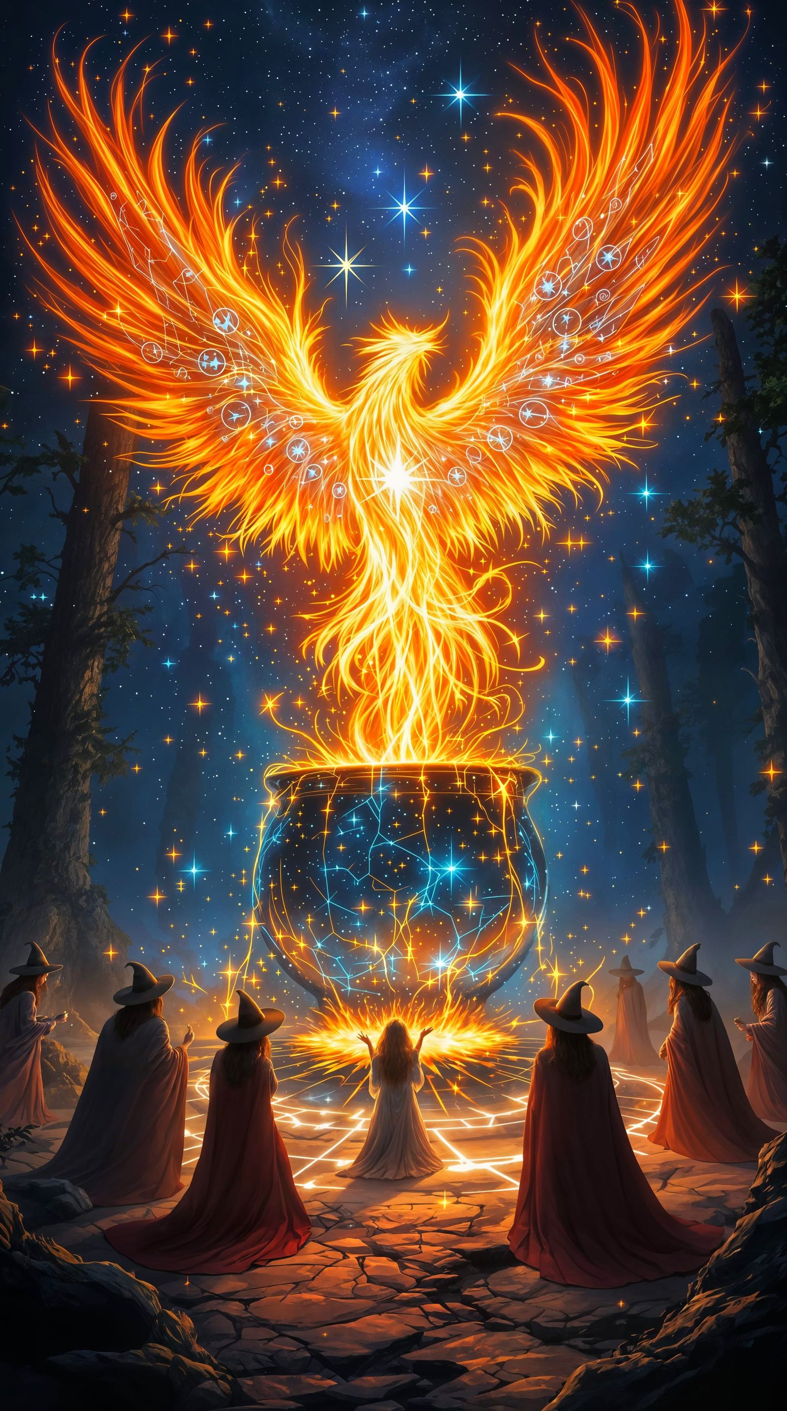 Celestial Phoenix Ascension in a Dark Forest Clearing