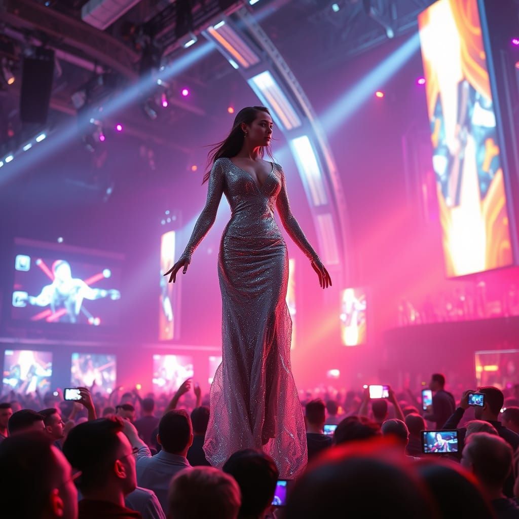 Holographic Amy Lee in Cyberpunk Concert Hall