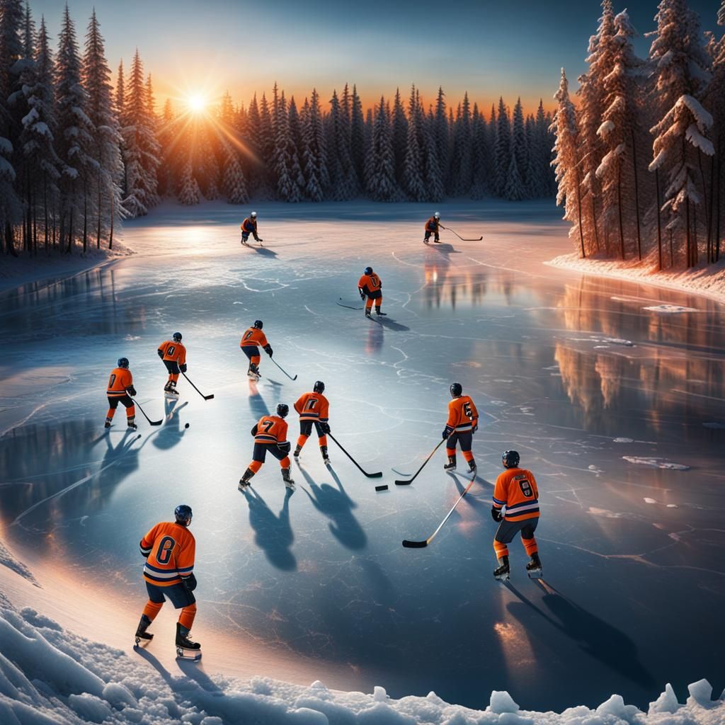 Kids Play Ice Hockey on Frozen Sea at Sunset