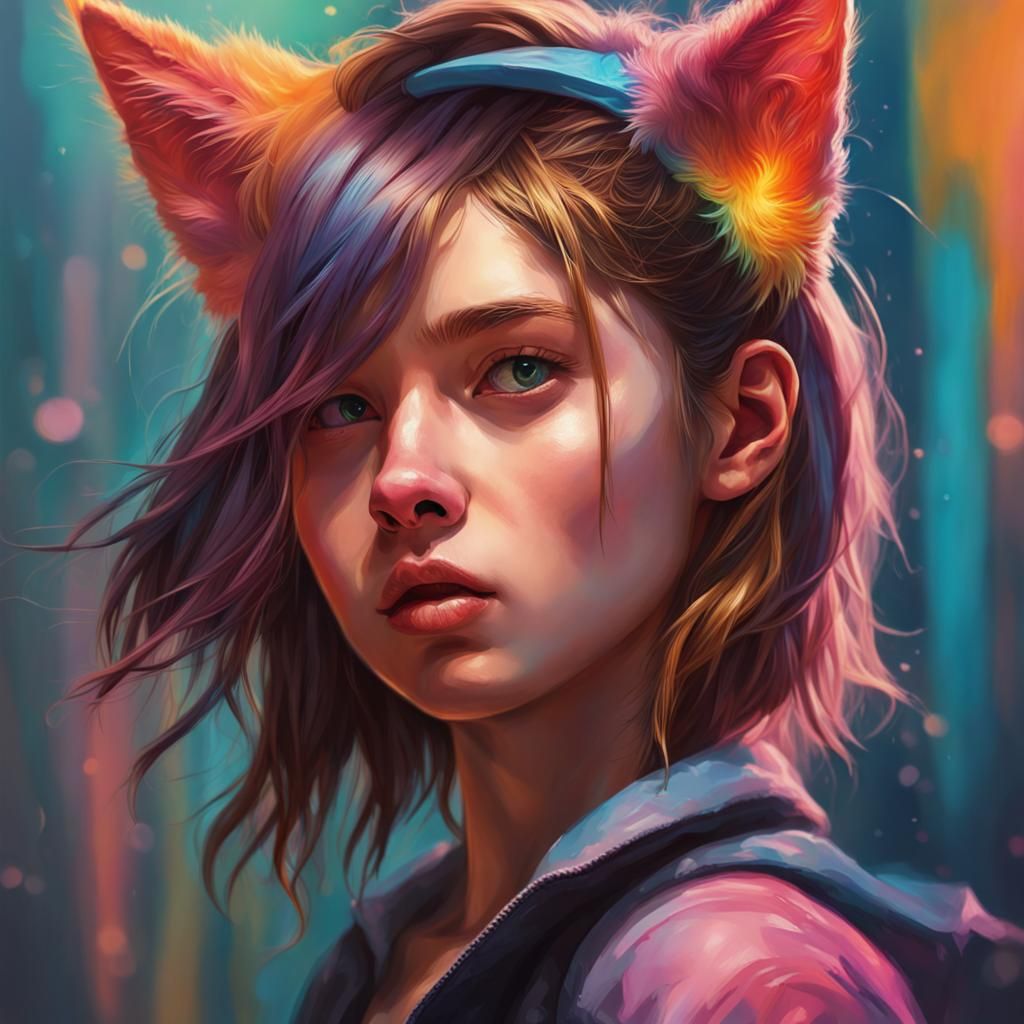 Hyperrealistic Girl with Cat Ears Splash Art
