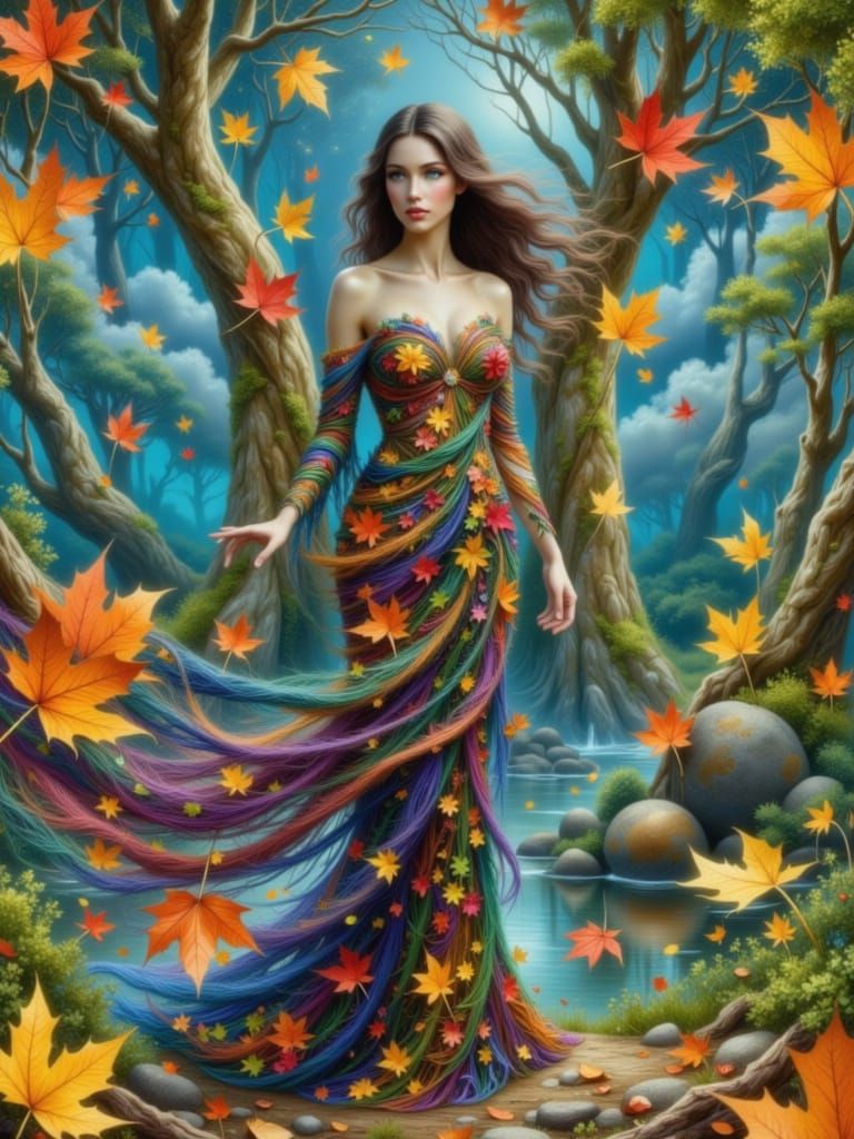 Autumn Goddess Amidst Swirling Fall Leaves