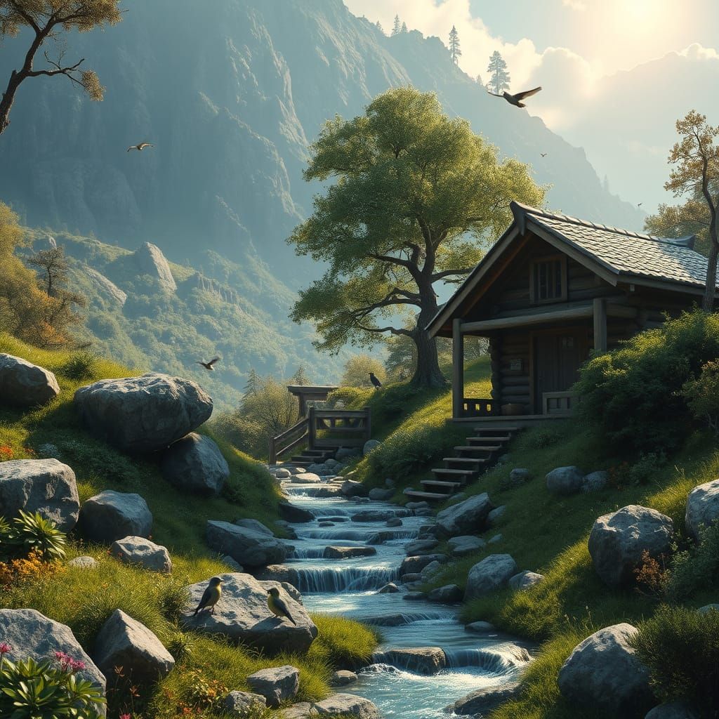 Un paisaje de montaña lleno de vegetación frondosa. Un riachuelo cristalino serpentea entre piedras redondeadas, refleja...