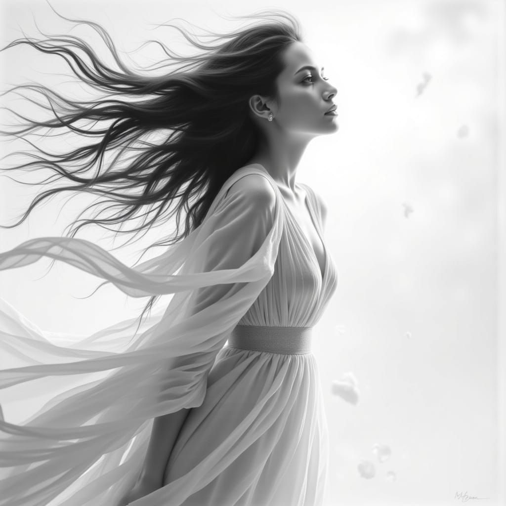 Woman in Light Vortex: Romantic Realism Drawing