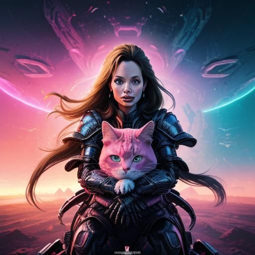Sci-Fi Angelina Jolie Rides Pink Cat, Digital Illustration