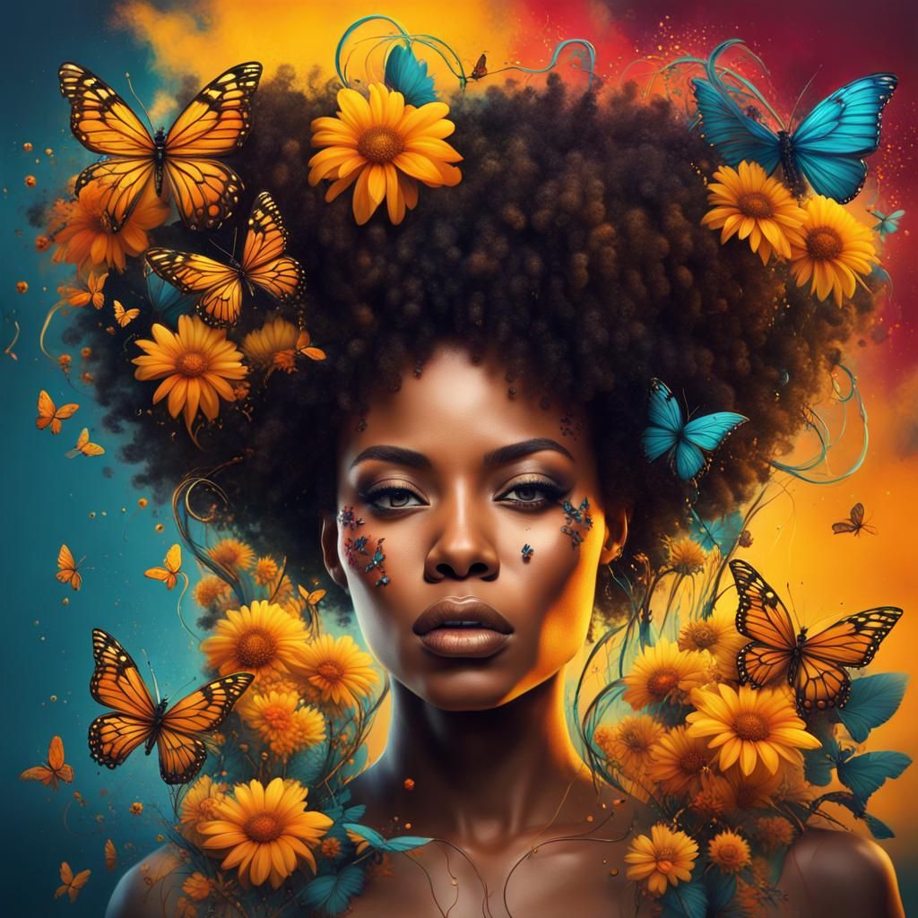 Graffiti Portrait: Black Woman with Flowers and Butterflies