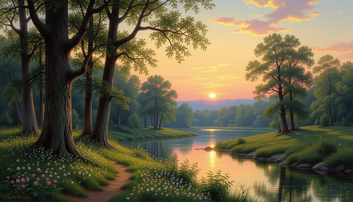 Enchanted Forest Landscape with Elves and Fireflies