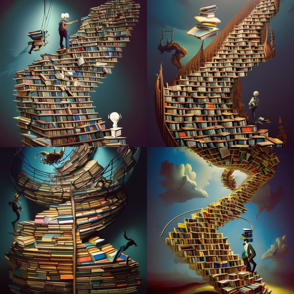 Surreal Staircase of Books in Surrealist Style