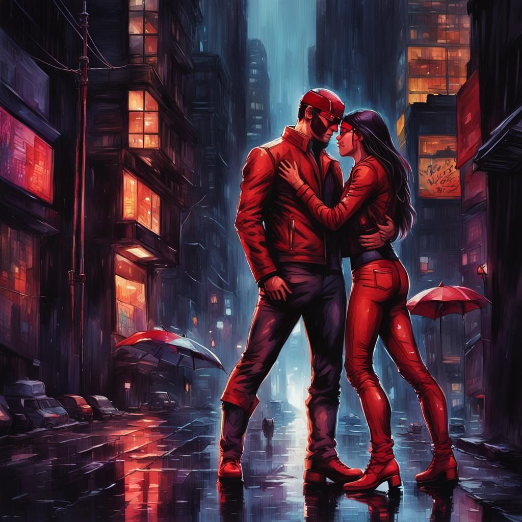 Daredevil and Elektra: Hyperrealistic Rainy Cityscape Portra...