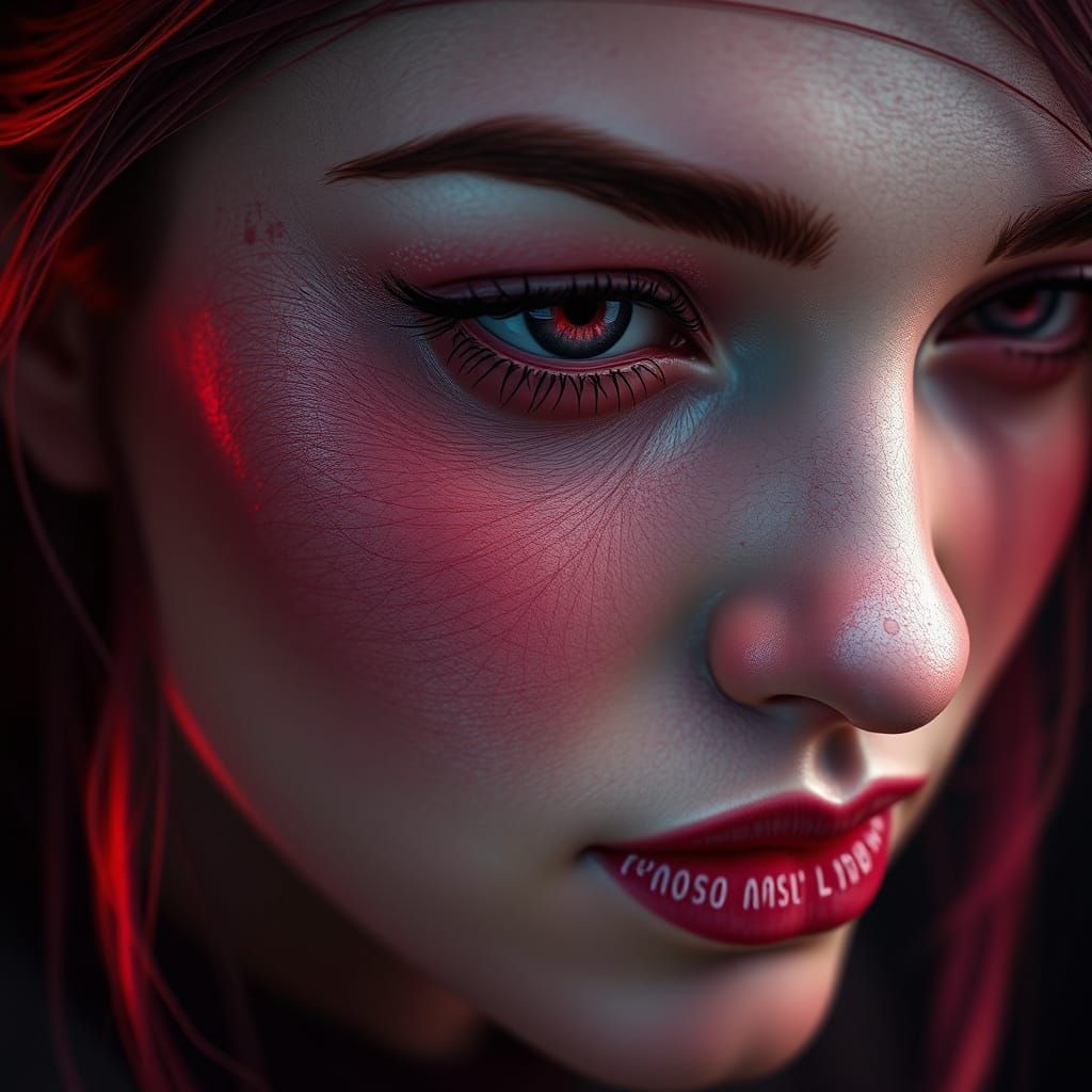 Woman with Intricate, High-Contrast Facial Portrait in a Dar...