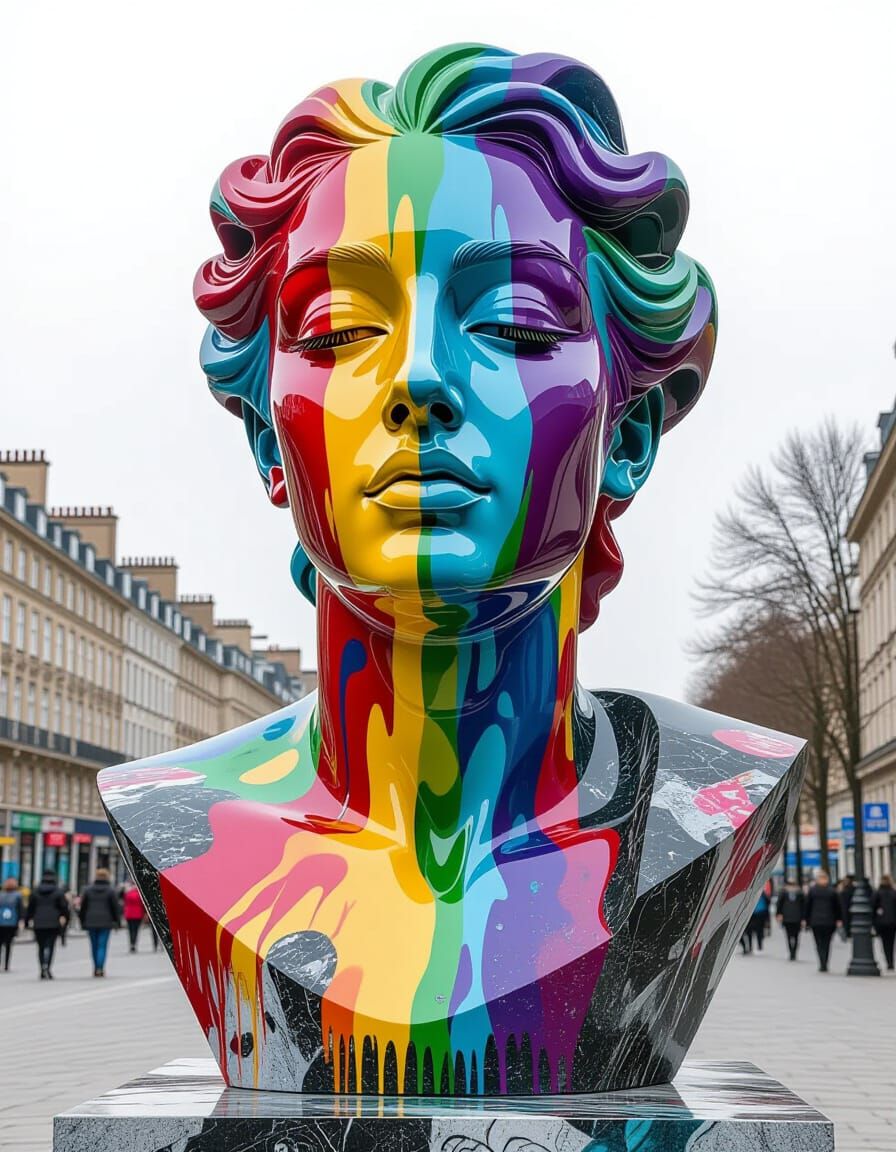 Modern Marble Statue with Vibrant Graffiti Art